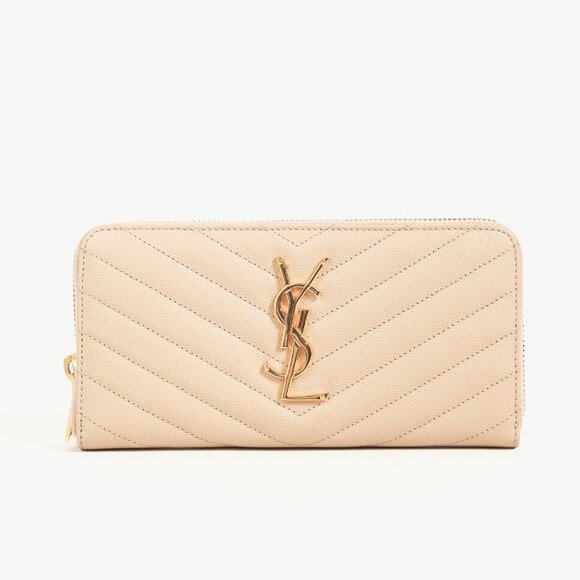 Saint Laurent Dark Beige Grain de Poudre Mattelasse Chevron YSL Monogram Wallet - Picture 1 of 11
